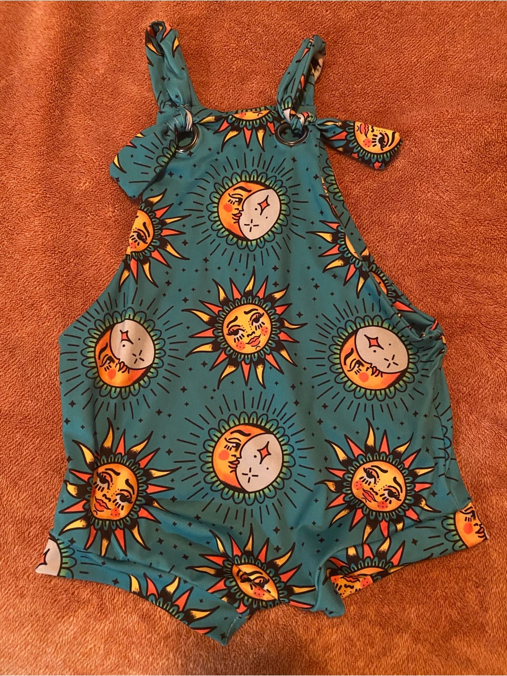 2T Teal Sun & Moon Print Shortie Overalls